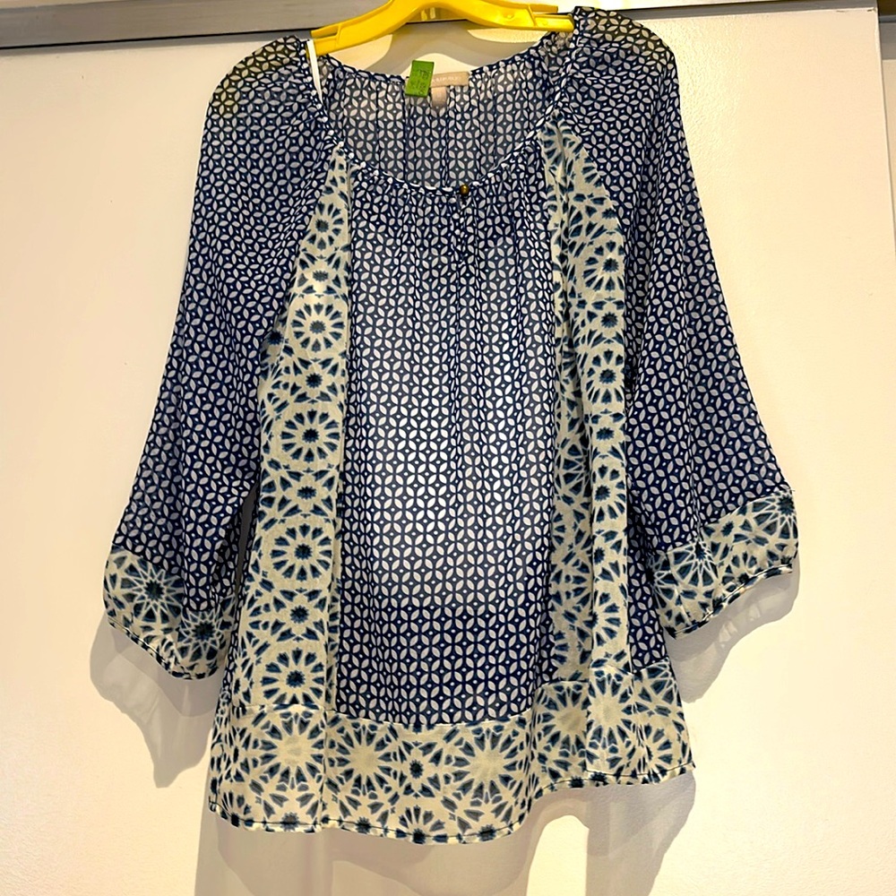 Banana republic, blue, and white silky blouse. Size medium.